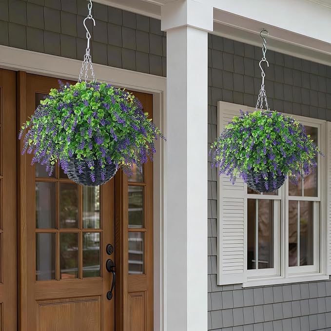 VIERENA Artificial Lavender and Eucalyptus Leaves Hanging Basket - 2 Set for Outdoor Decorations,Fake Flower Hanging Basket UV-Resistant for Porch, Home Garden, Farmhouse, Eaves, Yard Decor