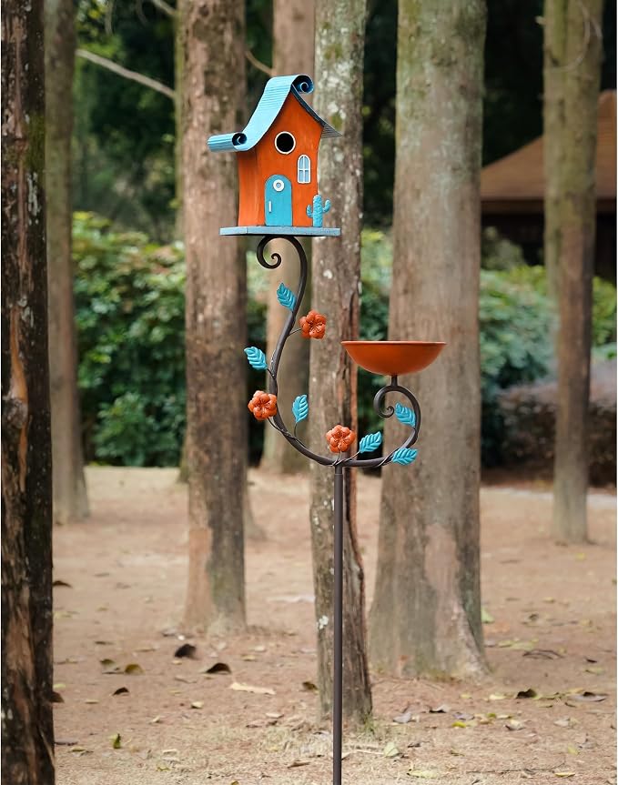 71" Tall Iron Fairy Tale Birdhouse with Bathing Platform, 1.2" Squirrel Guard Entry & Ground Spikes, Whimsical Garden Centerpiece Decoration