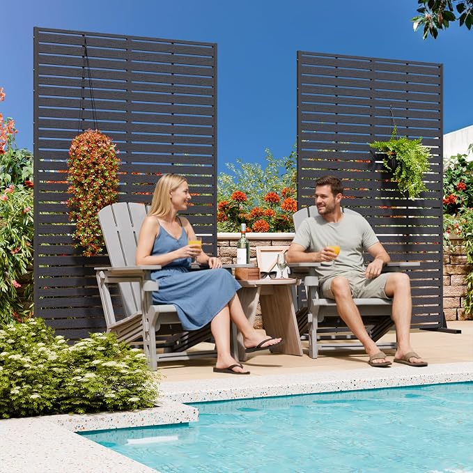 Privacy Screen Outdoor 72" Hx47 W Freestanding Privacy Panel with Stand, HDPE Decorative Privacy Fence with Sandblasting Louver Pattern, Patio Divider Screen, Privacy Screens for Outside