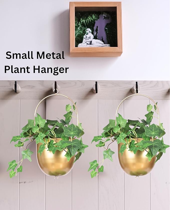Shineloha 2 Pack Metal Hanging Planters for Indoor Outdoor, with 5.5 Pot, Gold Hanging Planters | Gold Plant Hanger, Brass Plant Hangers. NO Plant incld.