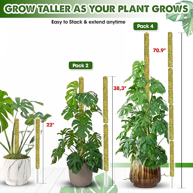 DUSPRO Natural Stackable Moss Pole for Plants Monstera Potted Plant Stakes for Indoor Plants Extendable Plant Pole Moss Sticks for Plants Climbing Vine Supporting Monstera Trellis 4Pcs 22''