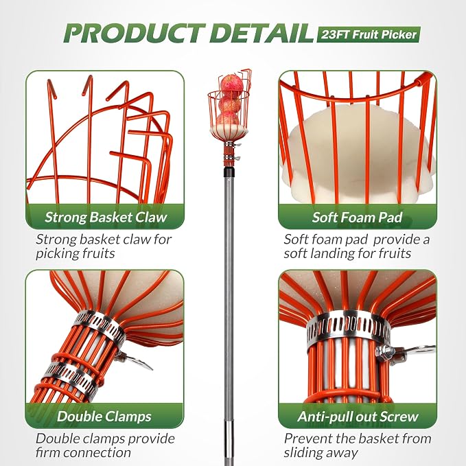 Walensee 23FT Fruit Picker with Basket, 35-276 Inch Ultra-Long Mango Picker Pole, Heavy Duty Cherry Picker Tool for High Tree, Citrus Apple Avocado Pear Lemon Orange Picking, with Storage Bag