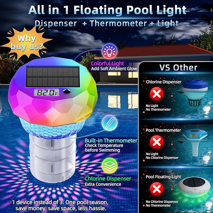 Ketom Solar Pool Chlorine Floater with Thermometer - Remote Control Floating Chlorine Dispenser with RGB Waterproof Pool Light Chlorine Tablet Floater 3 inch for Outdoor Swimming Hot Tub Spa