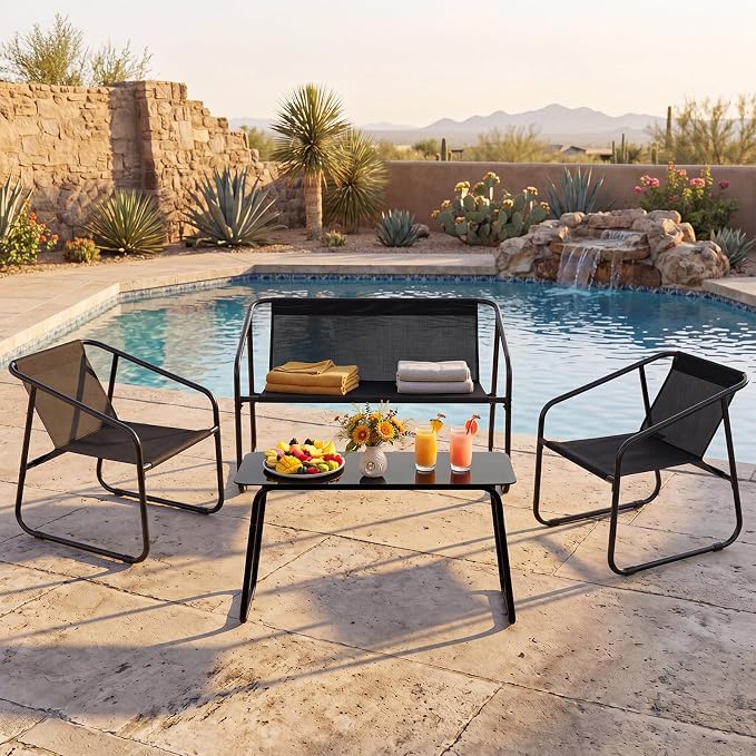 DUMOS 4 Piece Patio Furniture Set，Outdoor Patio Furniture Set with Table, patios Table and Chairs Sets, Sectional Bistro Sets for Lawn, Garden, Pool, Balcony, Poolside