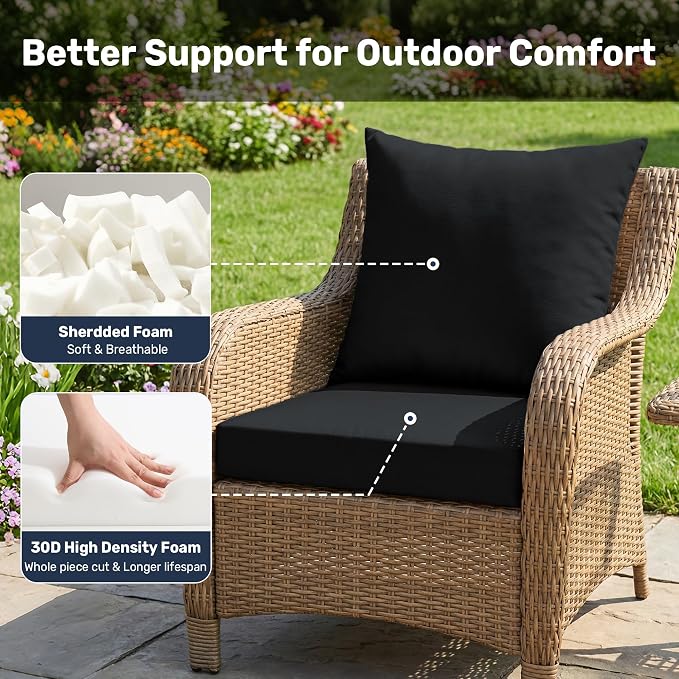 UNIKOME Outdoor Seat Cushions 22 X 22 X 3 Inch, Waterproof & Fade Resistant Patio Furniture Replacement Cushions with Removable Cover for Chair, Sofa, Couch, Wicker, Black