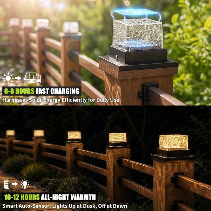 6Pack Crack Pattern Solar Post Cap Lights, DIY Firefly String Light Fence Post Solar Lights, 4x4 5x5 6x6 Vinyl/Wood Deck Post Cap Light, Built-in Solar Panel, Steady&Flickering Outdoor Patio Decor