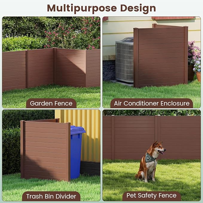 Happygrill Air Conditioner Fence 2 Panels, 48''L x 48''H Outdoor Privacy Screen w/Metal Ground Stakes, Freestanding PP Pool Equipment Enclosure, Decorative Garden Fences for Patio AC Unit, Brown