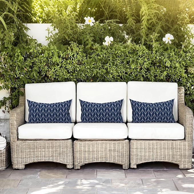 LVTXIII Set of 2 Patio Lumbar Pillows, 12”x20” Fade Resistant Outdoor Lumbar Pillow with Inners, Fluffy Decorative Garden Lumbar Cushions for Home Patio Coach Sofa Use, Herringbone Navy