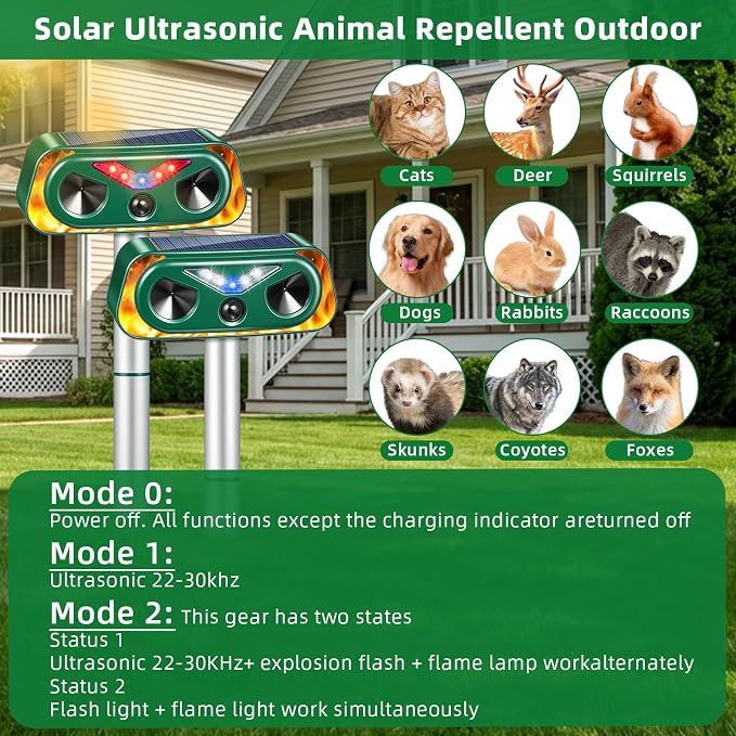 Upgraded Solar Animal Repellent Ultrasonic Outdoor Cat Deterrent Deer Repellent Devices,Waterproof Dog Repeller with Motion Sensor,Flashing Lights,Scare Squirrels Rabbits Raccoons Skunks Garden,2 Pack