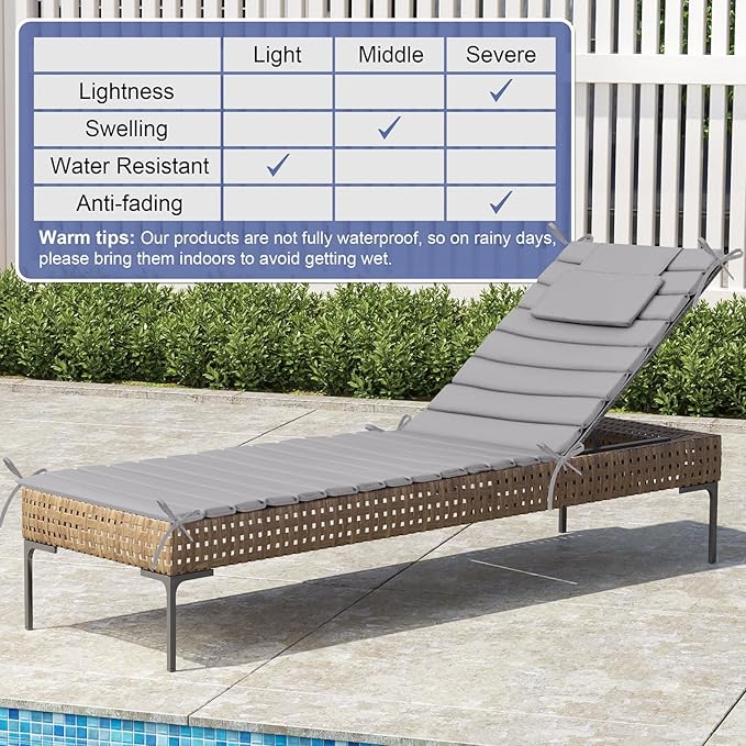 Crestlive Products Chaise Lounge Cushion Outdoor Set of 2, Foldable Waterproof Pool Lounge Chair Cushions with Straps, Lounger Cushions for Outdoor Furniture， 71''Lx21''W (Light Gray)