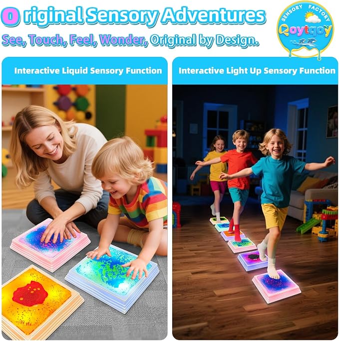 Light Up Stepping Stones for Kids Ages 3+, Sensory Stepping Stones with 7 Glow Colors & Liquid Motion, Non-Slip Indoor & Outdoor Toys for Toddler Balance & Motor Skills(3 Pack, Square)