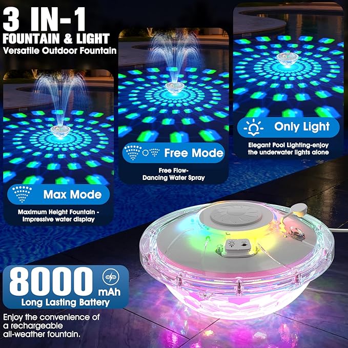 8000mAh Rechargeable Pool Fountain with Lights,2026 Floating Pool Fountain for Above Ground Pool Water Fountain Pump with Anchor, Swimming Pool Fountain Floating Pump for Pool Pond-SnowWhite