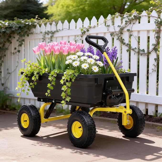 900LB Garden Dump Cart, 2026 Upgraded Heavy Duty Wheelbarrow Cart with 10" Non-Slip Pneumatic Tires & Quick-Release System, 4-Wheel Steel Frame Wagon for Transportation in Yard, Farm, Garden