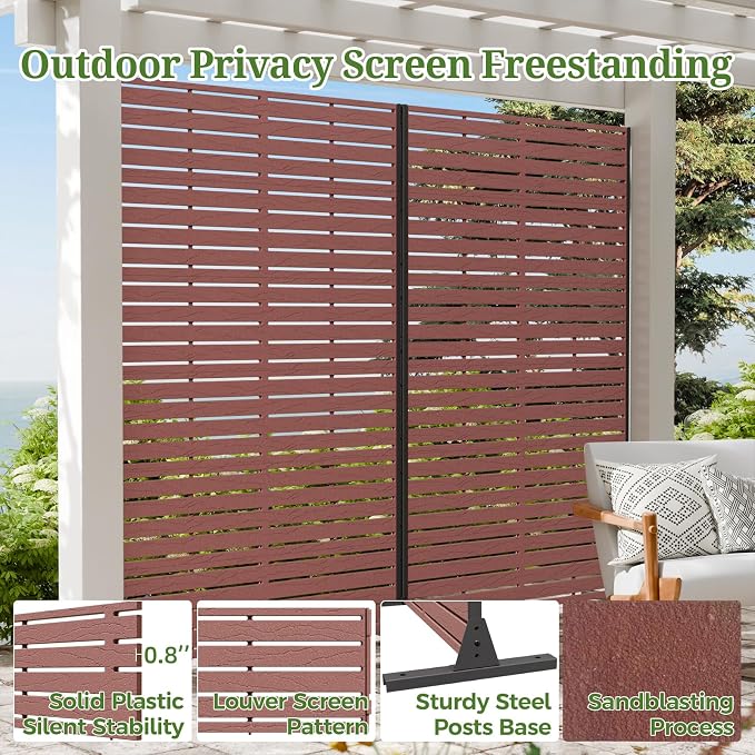 Privacy Screen Outdoor 72" Hx47 W Freestanding Privacy Panel with Stand, HDPE Decorative Privacy Fence with Sandblasting Louver Pattern, Patio Divider Screen, Privacy Screens for Outside