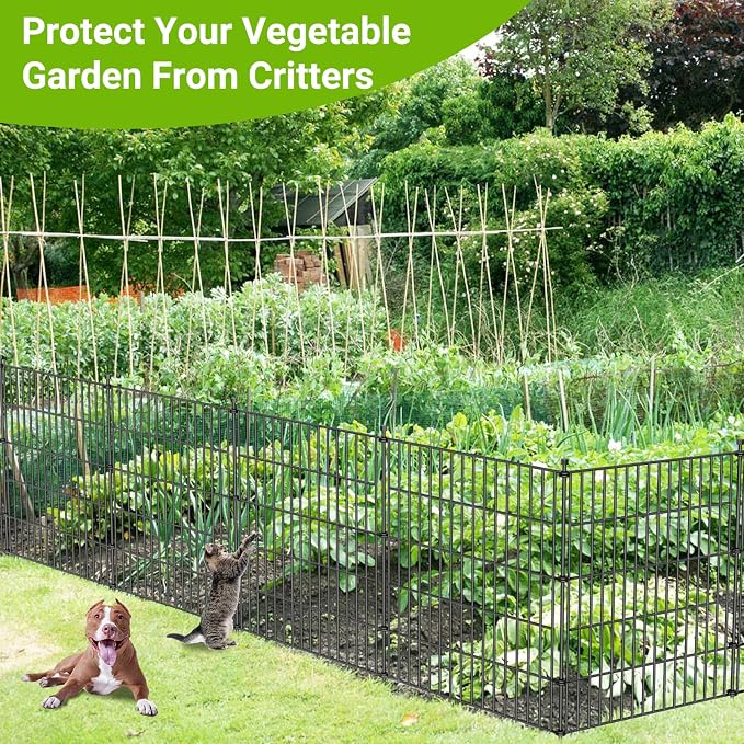 5 Panels No Dig Decorative Outdoor Garden Fence for Yard, 24 in(H) X 10 ft(L) Animal Barrier Fencing Rustproof Metal Wire Panel Border for Dog, Rabbits, and Patio Temporary Ground Stakes
