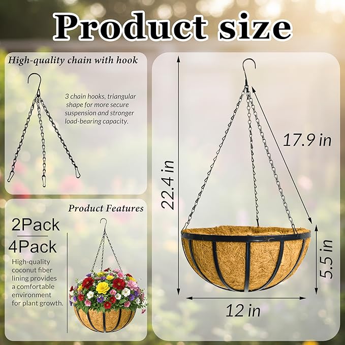 12 Inch Metal Hanging Planter Basket with Coconut Fiber Liner Hanging Plant Flower Pot for Home Garden Patio Decoration,Metal Flat Iron Pattern, 2 Pack