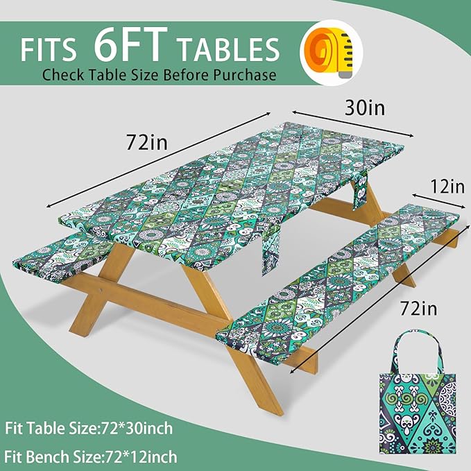 Fitted Waterproof Picnic Table Cover with Bench Covers Elastic 72×30In 3 Piece Camping Table Cloth for 6Ft Rectangle Tables Outdoor Camper Gifts Supplies Patio Rv Traveling Hiking Must Haves