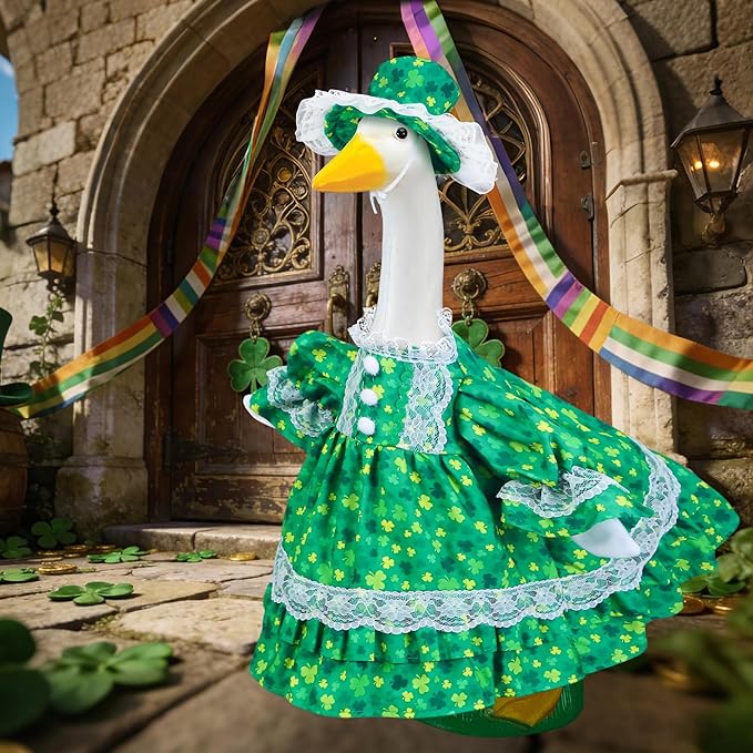 St Patrick's Day Goose Outfits for Porch Goose 23" Cement Statue Clothing - St Patrick's Day Outdoor Decoration for Patio Yard Lawn