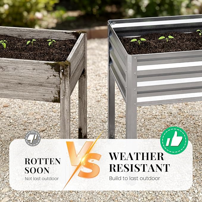 KING BIRD Large Raised Garden Bed with Legs Galvanized Elevated Planter Box 48×24×32 in for Backyard, Patio, Balcony, 400lb Capacity, Silver