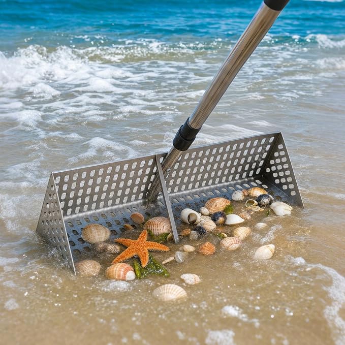 Sand Flea Rake Set with Handle, Shark Tooth Sifter & Mesh Scoop, Stainless Steel Beach Sand Sifter Kit with 5-Tooth Rake, Glvers & Foldable Bucket for Collecting Sand Fleas, Shells & Cleaning Coops