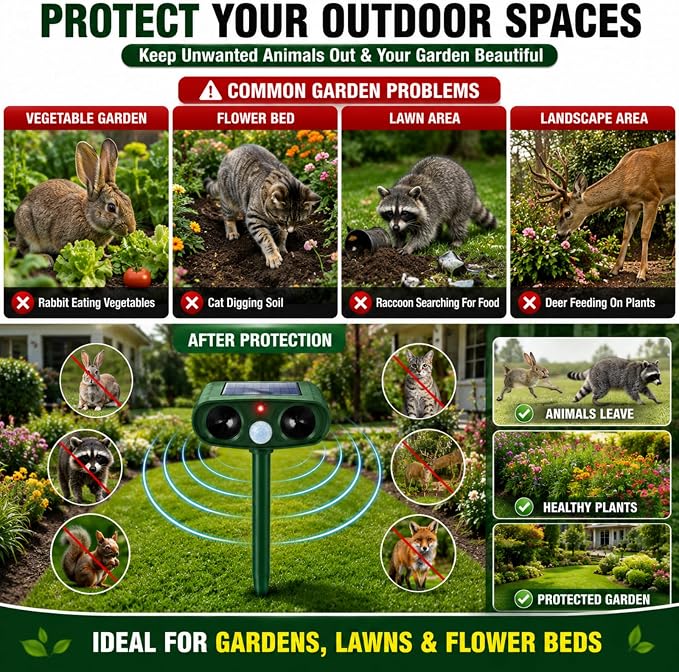 2 Pack Upgraded Solar Animal Repellent Ultrasonic Outdoor for Raccoons,Squirrels,Cats,Rabbits,Skunks & Foxes,Sonic Deer Repellent Devices with Motion Sensor Animal Deterrent Devices for Yard Garden