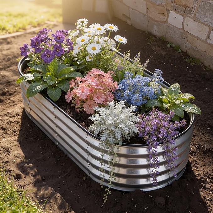 Galvanized Raised Garden Bed 2 Pack 4x2x1ft, Rust-Resistant Metal Oval Planter Box Outdoor, Easy Assembly Planting Bed Kit for Vegetables, Fruits, Herbs - Silver