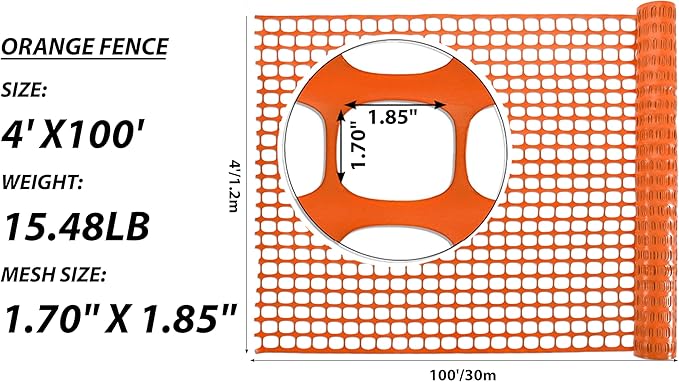 PotatoLife Plastic Mesh Fence Safety Fence, 4'x100' Roll with 100 Zip Ties, Resuable Temporary Netting for Garden Fencing, Construction, Snow Fencing, Animal Barrier, Poultry, Deer, Patio, Orange