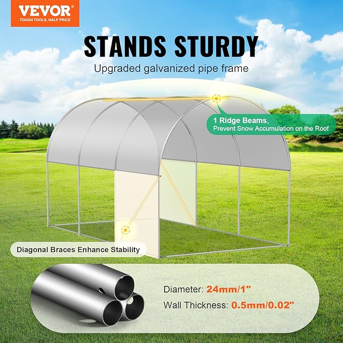 VEVOR Walk-in Tunnel Greenhouse, 9.6x6.4x6.2 ft Hoop House Greenhouse Tunnel, Plant Hot House with Galvanized Steel Frame, White PE Cover, Roll-up Zipper Door and 6 Windows for Outdoor