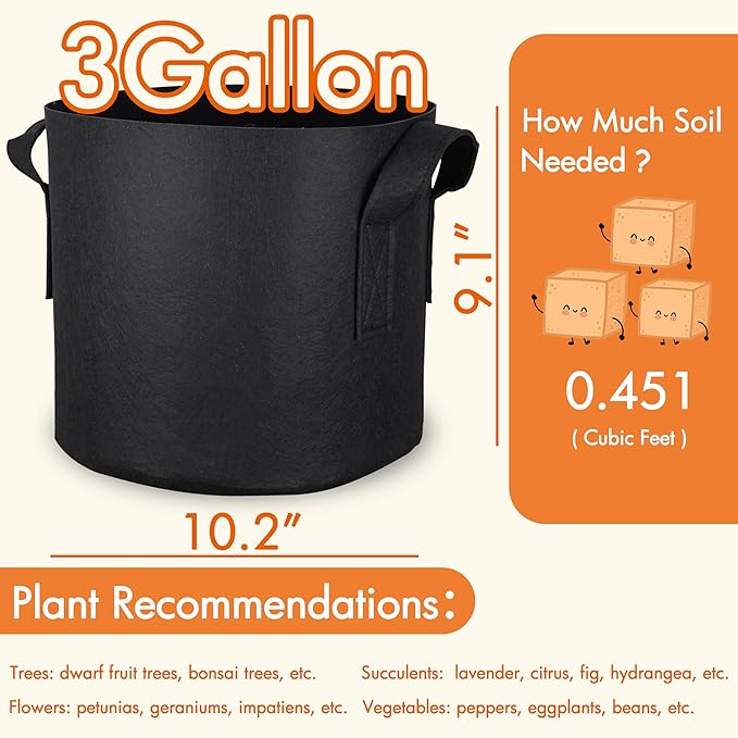 Gardzen 10-Pack 3 Gallon Grow Bags, 300G Thickened Fabric Grow Bags with Handles, Heavy Duty Aeration Plant Grow Bags for Outdoor & Indoor Use