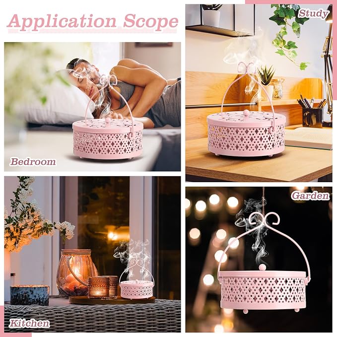 Lallisa Incense Coil Holder Sets, Round Metal Hanging Incense Burner with Handle and Lid, Portable Coil Burner Stand Container for Patio Camping Garden Home Indoor Outdoor Decor(Pink,4 Pcs)