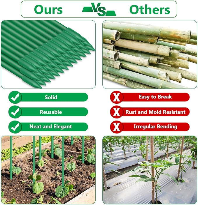 Lezmarket 150 Pack Garden Stakes(16" Each), Plant Support Stakes, DIY 4ft 5ft 6ft 7ft Sturdy Fiberglass Plant Sticks Support Garden Trellis for Growing Climbing Tomato Vegetables Flowers