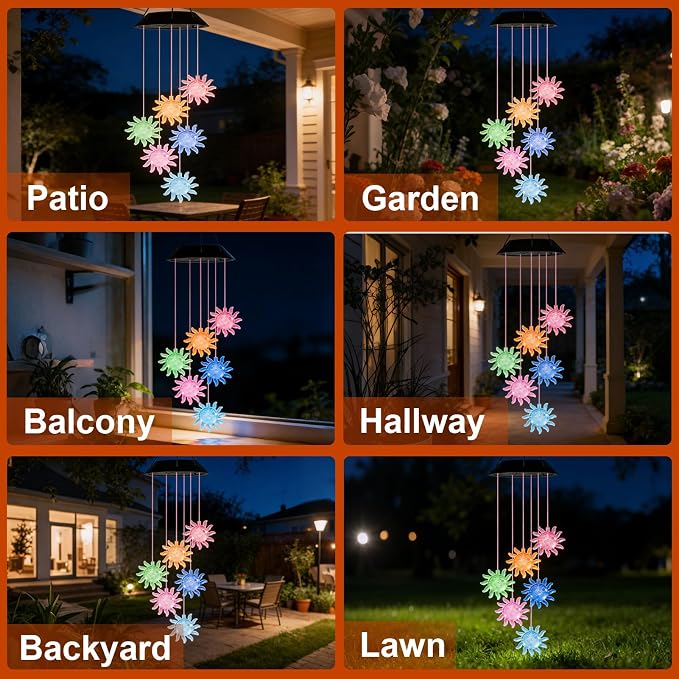 7-Color Light Changing Sun Solar Lights for Outside, Solar Lights Gifts for Father's Day, Solar Sun Wind Chimes Gifts for Women, Mom, Grandma, Garden Yard Lawn Outdoor Decor Mobiles