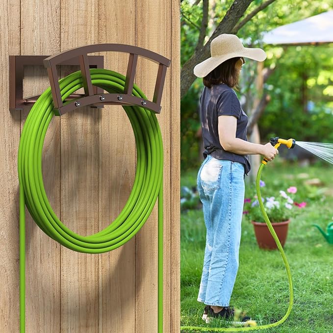 Garden Hose Holder Wall Mounted, Outdoor Heavy Duty Metal Water Hose Holder Hanger Holds 125-ft Water Pipe, Sturdy Detachable Hose Storage Organizer Reel Rack for Outside Garden Lawn Yard Farm, Bronze
