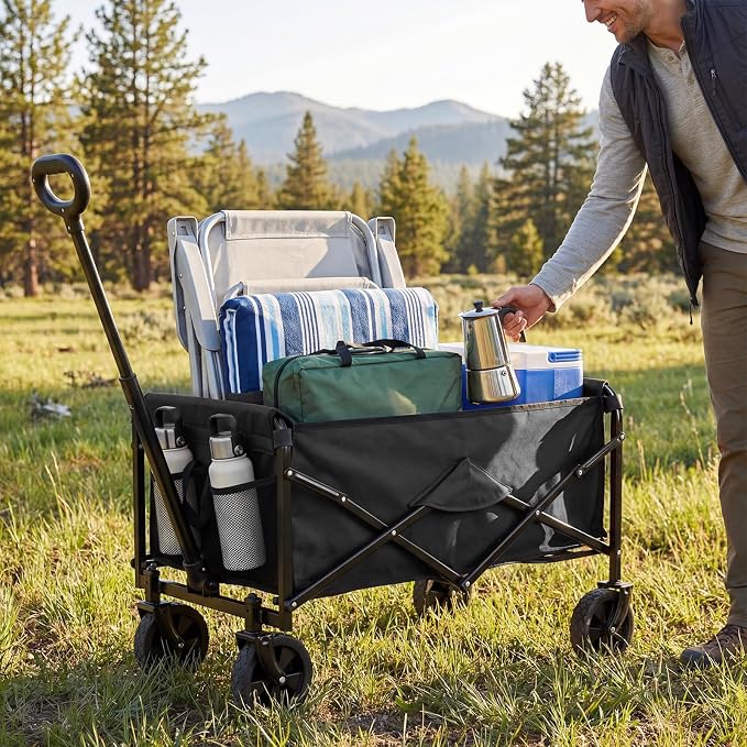 DUMOS Collapsible Wagon Cart, Heavy Duty Foldable Utility Wagon with Wheels – 220 lbs Capacity, Flexible Handle for Beach, Garden, Sports, Grocery & Camping, Black