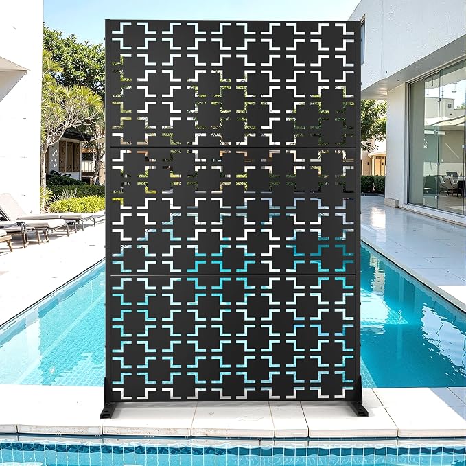 Metal Privacy Screen for Outdoor & Indoor Use, Free Standing Privacy Screen for Patio Garden Pool, 72" H x 47" W Decoative Privacy Panels, Weather Resistant, Easy Assembly (Black Square Floral)