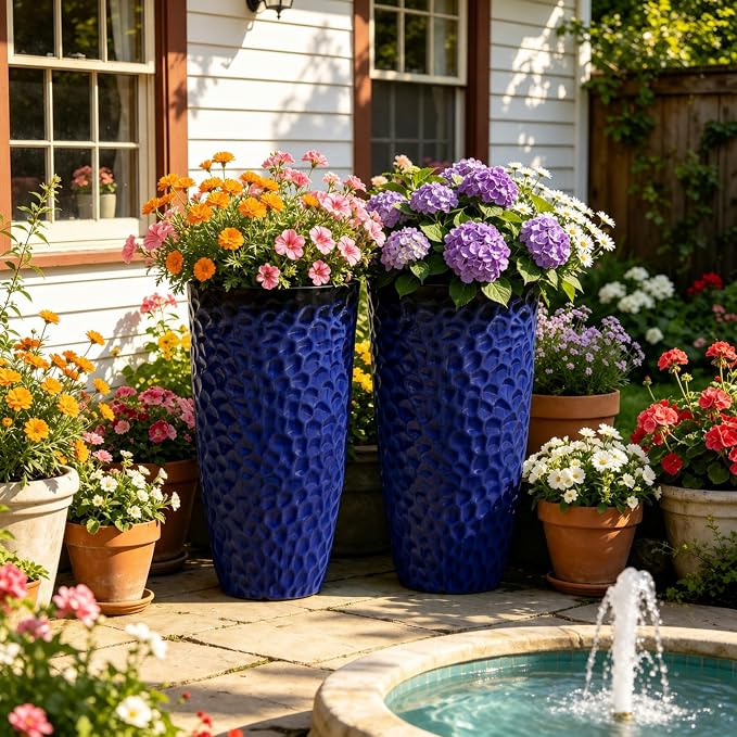 23.75" H Large Tall Outdoor Planters, Set of 2 Plastic Large Flower Pots for Outdoor Plants, Gradient Cobalt Blue Honeycomb Textured, Weather-Resistant for Porch, Garden, Patio or Indoor Use