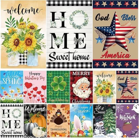 Seasonal Garden Flags set of 12 Double Sided, Yard Flags for Outside 12x18 Inch for Christmas Halloween Easter Valentine's St Patrick's 4th of July Spring Summer Fall Winter, All Seasons Garden Decor