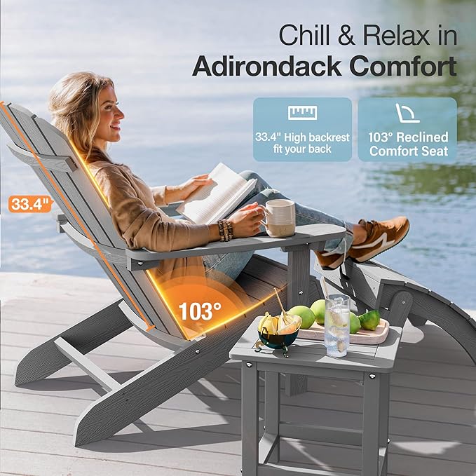 YEFU Adirondack Chairs Set of 2: Plastic Adirondack Chairs - Patio Chairs with Wood Texture - Outdoor Chair HIPS - Lawn Fire Pit Deck Porch Garden Chairs for Adults(Grey)