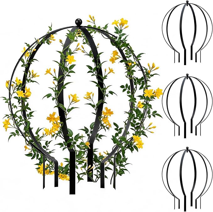 2 PCS Metal Garden Round Trellis for Climbing Plants, Large Black Powder Coated Obelisk for Roses, Vines, Flowers, Patio Doorway Garden Decor Indoor Outdoor, Easy Assembly (25.2" x 21.3")