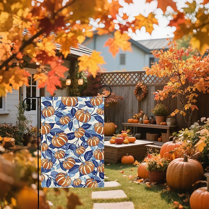 Blue Burnt Orange Fall Thanksgiving Garden Flag 12x18 Inch Autumn Pumpkin Leaf Harvest Theme Print Holiday Decorative Yard Flags for Outside Double Sided Outdoor Home Farmhouse Decoration Porch Decor