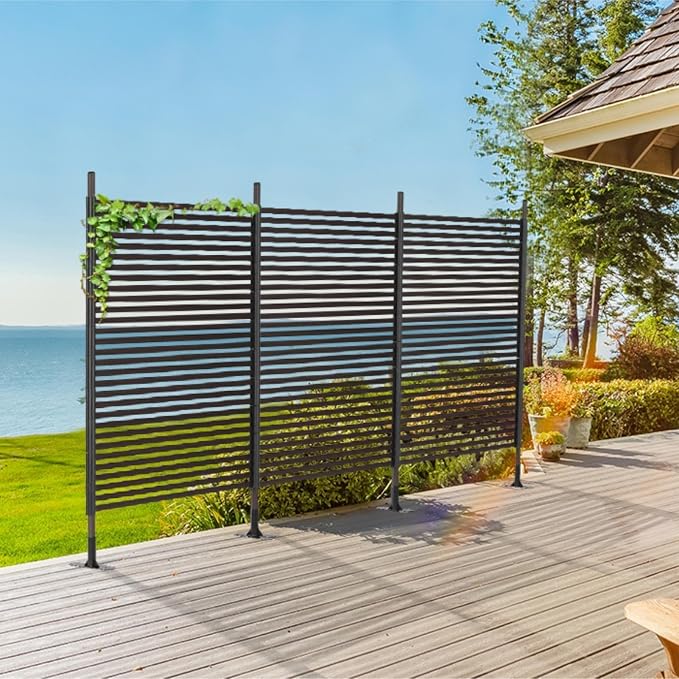 FOLLOOK Outdoor Privacy Screens Freestanding, 36" W x 71" H Overall Poly-Coating Steel Pipes and Slats, Rustproof Brown Metal Decorative Fence Panels for Outside Backyard Garden Patio Privacy Screen