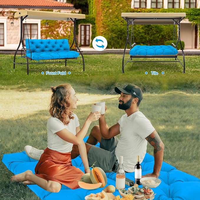 Porch Swing Cushions Waterproof Outdoor Swing Cushions 3 Seater Replacement with Backrest Thicken 5" Swing Bench Cushions Replacement for Outdoor Furniture Patio Lawn Garden (Lake Blue 60x40x5inch)