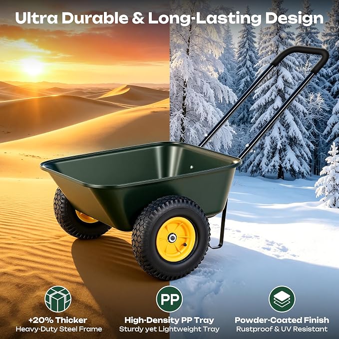 2 Wheel Wheelbarrows, Dual-Wheel Garden Dump Cart with 10" Non-Slip Pneumatic Tires & Ergonomic Padded Handle, Heavy-Duty Utility Yard Cart Wagon with 3 Cu Ft Capacity for Lawn, Gardening,Farm