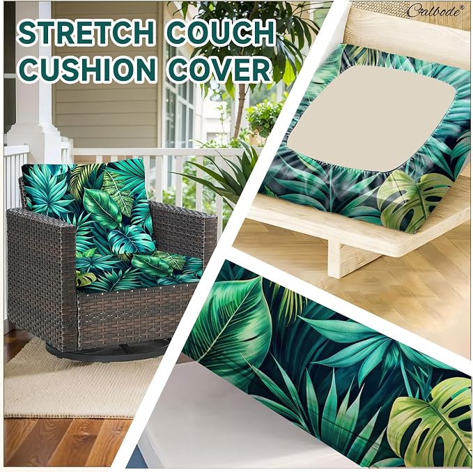 CALBODE 12 Pcs Stretch Outdoor Seat Cushion Covers, Washable Chair Seat Cover for Patio Furniture Cushions Soft Indoor and Outdoor Couch Cover Replacement (Green Tropical Leaves, Cover Only)