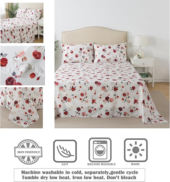 FADFAY Rose Sheets Set Twin Vintage White Floral Bedding Chic Red Rose Bed Sheets Shabby Farmhouse Bedding 100% Percale Egyptian Cotton 800 Thread Count Deep Pocket Fitted Sheet 4Pcs, Twin Size
