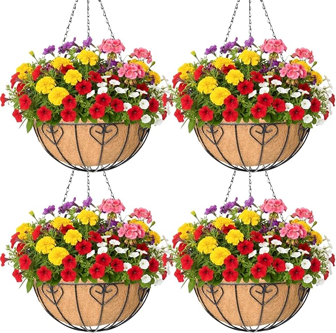 4 Pack 12 Inch Hanging Baskets for Plants Outdoor Metal Hanging Planter Basket with Coco Coir Liner Hanging Flower Baskets Hanging Flower Pots Holder for Garden, Patio(Modern)