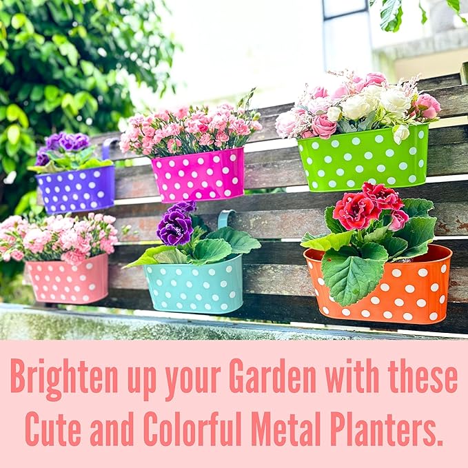 LaLaGreen Rail Planter (17 Inch, 6 Pack) Colorful Metal Hanging Flower Pots Railing Fence Balcony Gardening for Apartment Patio Planters Iron Outdoor Decoration Porch Decor Modern Garden Style