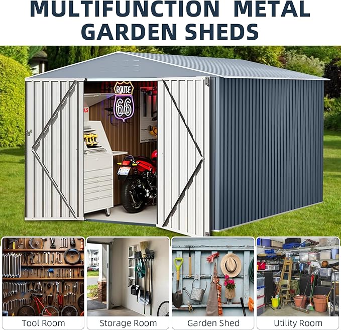 Garvee 10x10ft Metal Shed, Outdoor Garden Tool Storage Shed with Lockable Doors, Large Metal Shed with Sturdy Frame Structure, for Backyard, Patio, Lawn, Grey