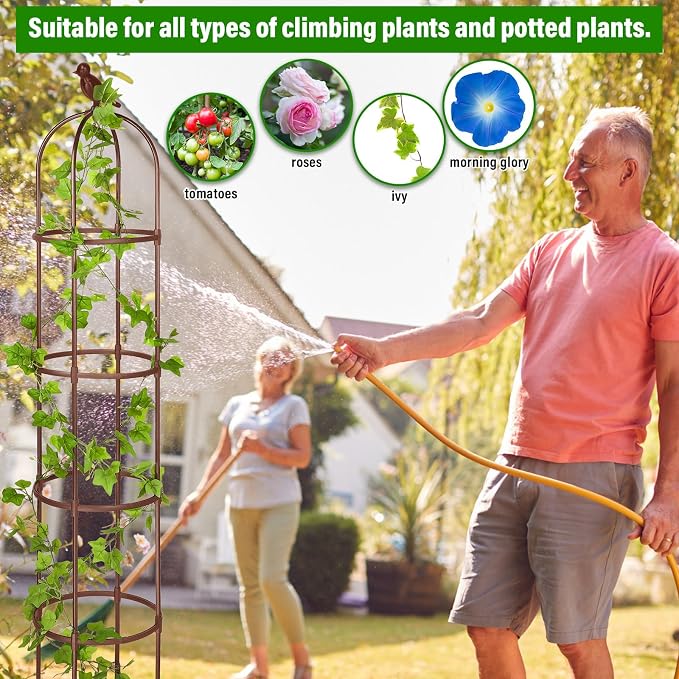 Sadnyy 4 Pack 6 ft Garden Obelisk Trellis for Climbing Plants Outdoor- Heavy Duty Rustproof Metal Pipe with Plastic Coated Plant Trellis for Clematis Grape Pea Vines Tomatoes Cucumbers Flowers(Brown)