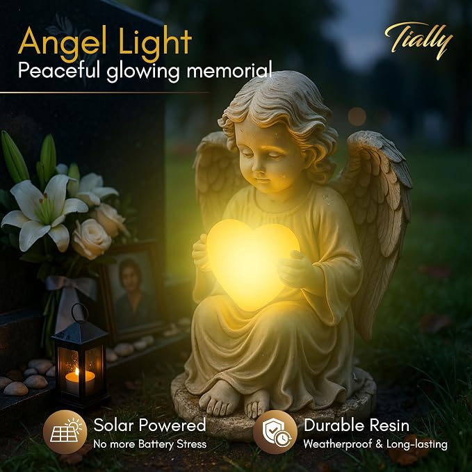 TIALLY Solar Garden Angel Statue – Praying Guardian Angel Statue Light for Outdoor Yard Decor, White Resin Garden Sculpture with Soft Glow for Angels Memorial or Cemetery Use (Pack of 4)